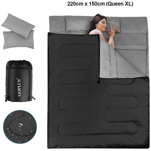 Dubbel sovsäck 2 personer 220 x 150 cm med 2 kuddar och vattentät bärväska för campingvandring Svart