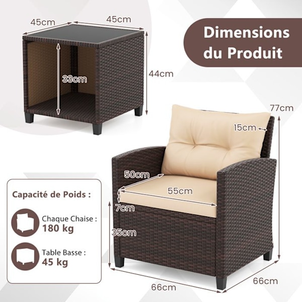 Sæt af 3 dele Havemøbler Kostway med bord og stole, PE Rattan, puder, bordplade i hærdet glas, til terrasse, patio, balkon Rottfärg: Blandad Brun | Kuddefärg: