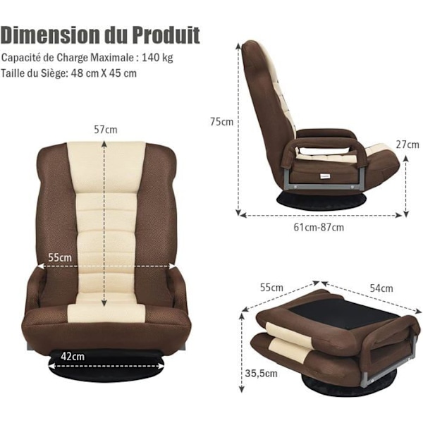 COSTWAY Golvfällbar fåtölj, 6-positions justerbart ryggstöd och 360° vridbar bas, robust brun järnram Brunt och svart