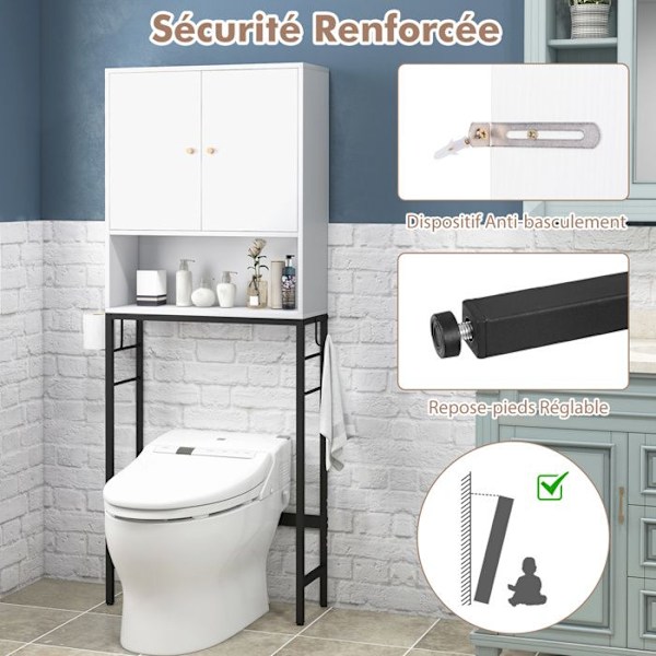 COSTWAY toiletenhed over toilet med 2 døre, justerbar hylde, justerbar bundstang, 2 sidekroge, hvid