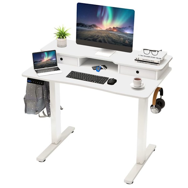 Bureau Assis-Debout Elektrisk 100x60cm -COSTWAY - 2 Skuffer - Skærmstativ - Justerbar i 3 Højder, Hængestænger Hvid