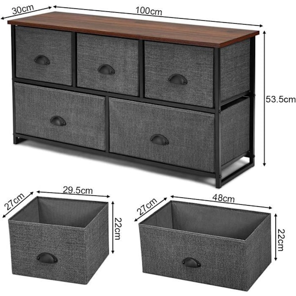 COSTWAY kommode med 5 stofskuffer, opbevaringsenhed til soveværelse, stue, korridorer, indgange, 100 x 30 x 53,5 CM Grå