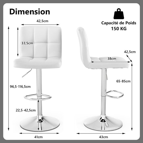 COSTWAY PU Läder Barpall, Justerbar Sitthöjd 65-85cm Upphöjd rygg Halkfri metallbas, Vit