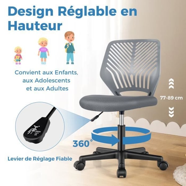 COSTWAY Ergonomisk mesh kontorstol, justerbar sædehøjde 41-53 cm, til børn, teenagere, voksne, grå Grå