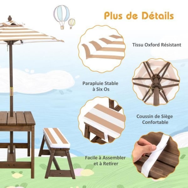 COSTWAY-bord och 2 trädgårdsbänkar med parasoll och grankuddar Picknickbord för 4 barn Beige-Vitrandigt