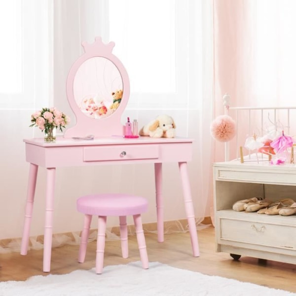 COSTWAY Sminkbord för barn med låda och pall, sminkbord för flickor i europeisk prinsessstil Vit