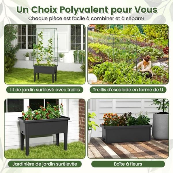COSTWAY Upphöjd plantering - Automatiskt bevattning och dräneringssystem, avtagbar klätterspaljé - Stående blomsterlåda svart + grön
