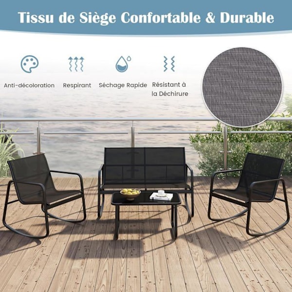 COSTWAY 4 st Metall + Textilen Trädgårdsmöbelset - Gungstolar och bordsset i härdat glas - 4 personer - Poolbalkong