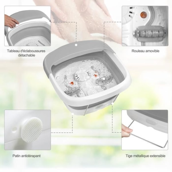 COSTWAY Hopfällbart Thalasso fotbadkar 500W Automatisk värmebubbla Funktion 35-43? Grå magnetisk massagerulle Grå