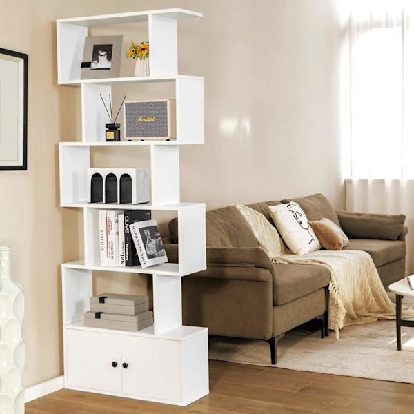 COSTWAY 6-trins bogreol med 2 døre - 70 x 23 x 183 CM - S-form træopbevaringshylde - moderne stil - hvid