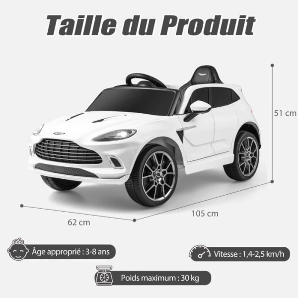 COSTWAY Aston Martin Elbil 12V/4,5 Ah för barn 3-8 år, 2,4G Fjärrkontroll, 2 Motorer, LED, USB, Radio, Horn, Vit