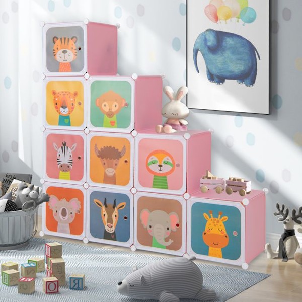 COSTWAY Baby Skab med 12 Kubes og 2 Hængende Sektioner, Fine Mønstre til Børneværelse 109 x 37 x 145 cm Rosa