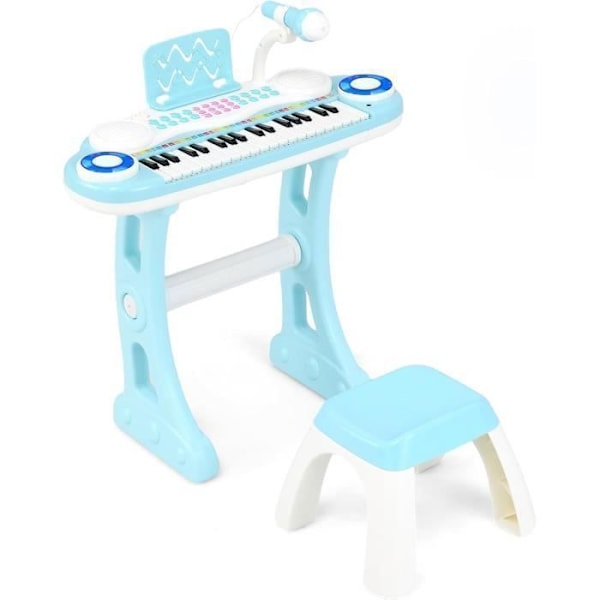 Keyboard Klaver til børn 37 tangenter med skammel COSTWAY-4 Percussion-effekter-8 Instrumenter-Justerbar mikrofon-Lyse-Blå
