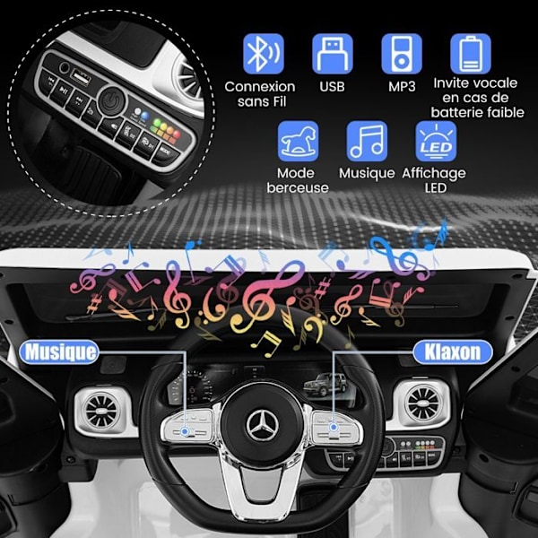 COSTWAY Mercedes-Benz G500 - Elbil 12V/7 Ah - 4 Motor, 3-7 km/t, 2,4G Fjernbetjening, LED, MP3, USB, 3+ år, Hvid Vit