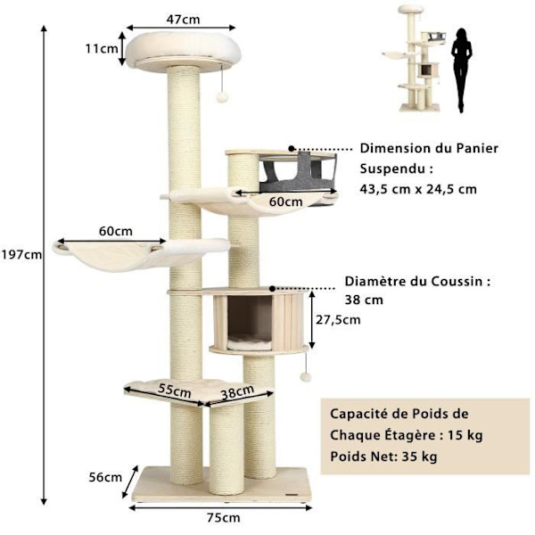 COSTWAY Cat Tree 197CM med 2 hängmattor, abborre, skrapstolpar och kennel, lektorn för katter med 2 hängande pumps, beige