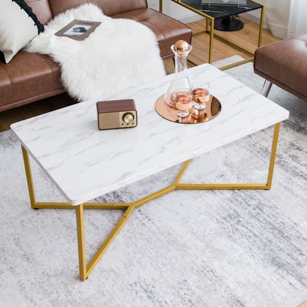 COSTWAY soffbord med marmortryck 107 x 60 x 45,5 CM (L x B x H) Modernt guldmetallunderrede med justerbara glider för vardagsrummet Vitt, grått och guld