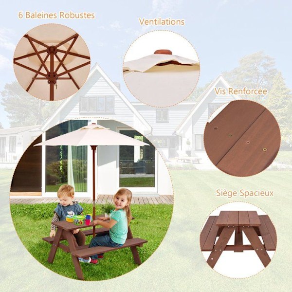 COSTWAY bord og 2 havebænke med gran børneparasol picnic bord til 4 børn, beige + brun Beige + Brun