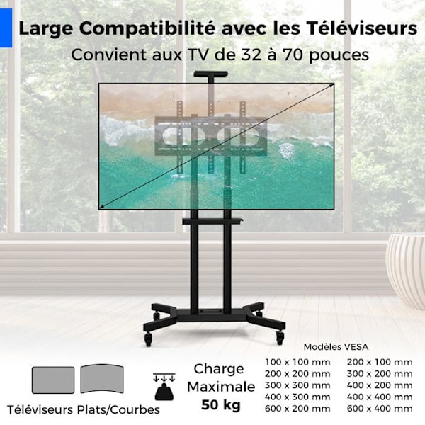 COSTWAY Mobilt TV-ställ för platta och böjda TV-apparater 32" till 70", justerbar TV-vagn med hjul, 600 x 400 mm, 50 kg