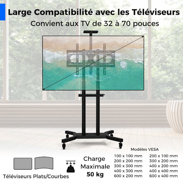 COSTWAY mobilt tv-stativ til flade og buede tv'er 32" til 70", justerbar tv-vogn med hjul, 600 x 400 mm, 50 kg