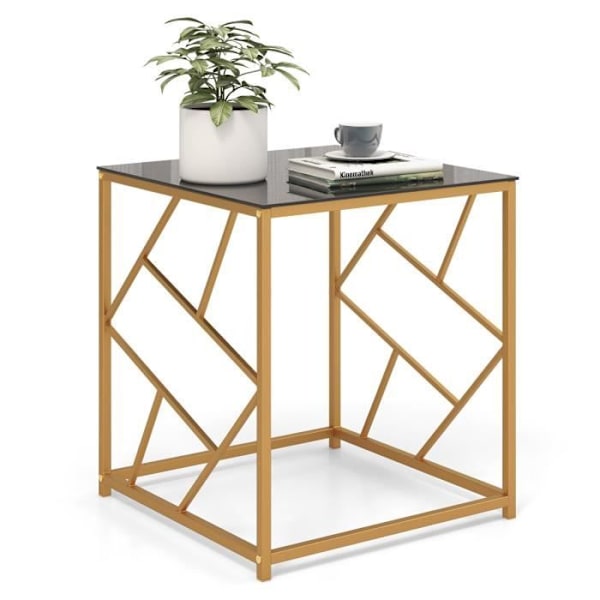 COSTWAY Litet fyrkantigt soffbord 50 x 50 x 55 cm med härdat glasskiva, guld geometrisk ram, modernt för vardagsrum, sovrum svart och guld