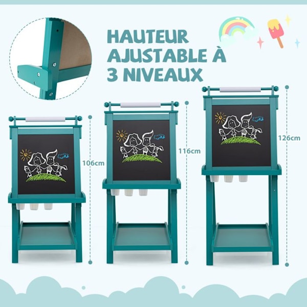 COSTWAY Dobbelt Sided Børne Tavle med Magnetisk Hvid Tavle og Udskifteligt Papirrulle 3 År+ Grøn