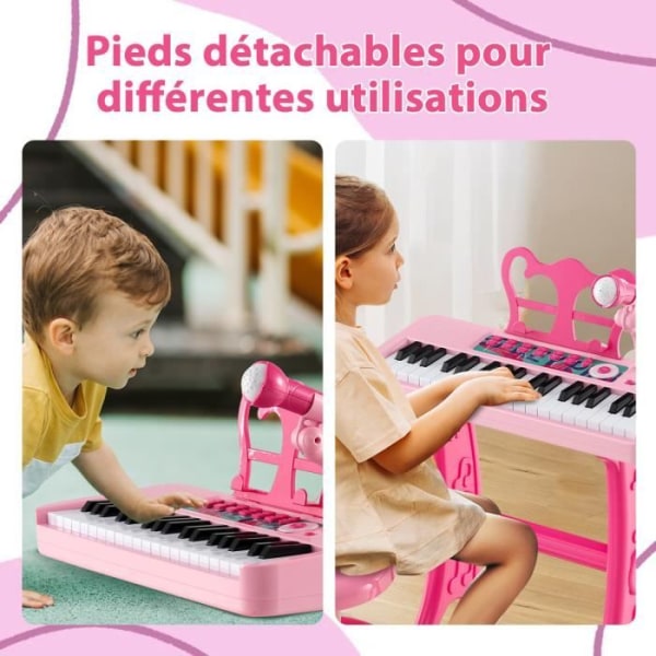 COSTWAY Piano för barn 3 år 37 nycklar med pall, justerbar mikrofon och avtagbart notställ Rosa pianoleksak