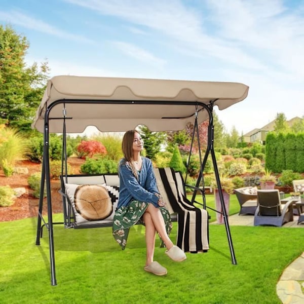 COSTWAY Havemøbel 3 Sæder i Polyester og Stål med Justerbart UV-Beskyttende Tag til Balkon, Terrasse 170 x 110 x 150CM