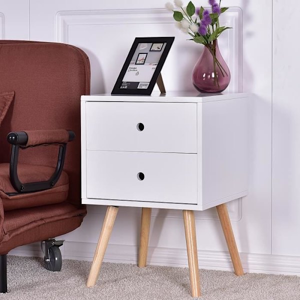 COSTWAY Scandinavian White Sängbord med 2 lådor Tillverkat av MDF Nattduksbord för sovrum, vardagsrum, vardagsrum40 x 40 x 56 CM Vit