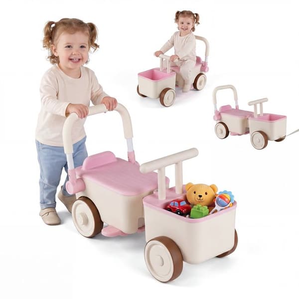COSTWAY 3 i 1 Barnvagn med Förvaringslåda, Pedal, Snöre, Fällbart Handtag, för Barn 3-6 År Rosa