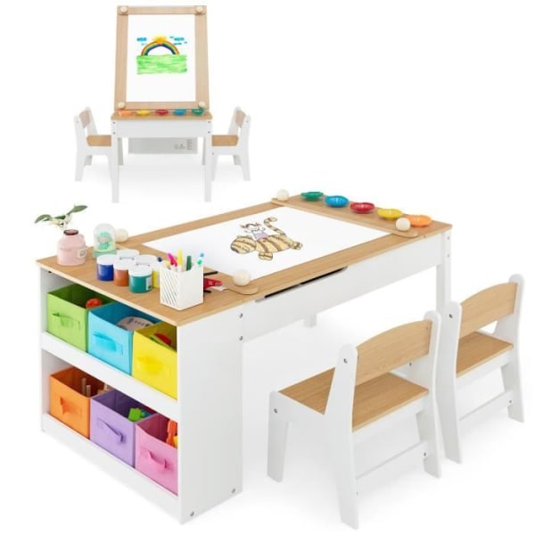 COSTWAY 3 i 1 barnbord och 2 stolar set - 6 förvaringsfack - Lyftbar fack - Pappersrulle och färgmuggar