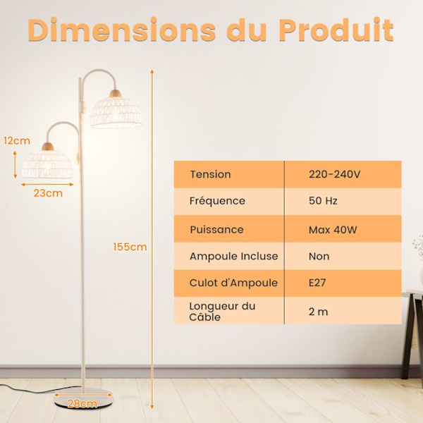 COSTWAY Modern 2-skærms gulvlampe med vævede reb - 350° drejelig - Fodkontakt - Vægtet base - Metalstang