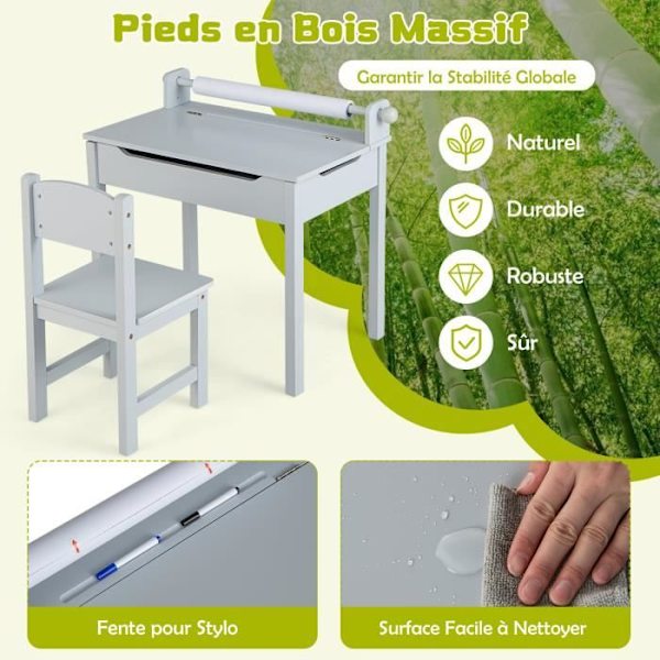 COSTWAY børneskrivebord med stol, papirrulle, foldbar top (skjult opbevaring) i træ i 3+ år, grå Grå
