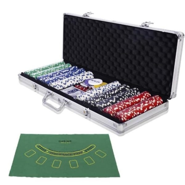 COSTWAY pokerfodral pokermarker - 500 marker, 2 kortlekar, 5 tärningar, 1 dealerknapp svart aluminiumfodral