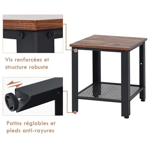Industriel Natbord Sidetable Sofa Slutbord med 2 Lag i Træ og Sort Jern 40 x 40 x 45,5CM Svart