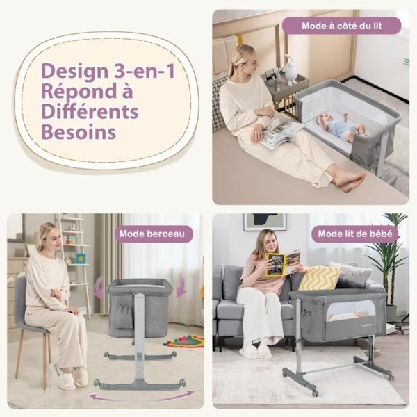 COSTWAY Babyseng Vugge 5 Justerbar Højde Belastning 9KG, åndbar Mesh Bassinet Rejsetaske til baby 0-6 måneder, Lysegrå Grå