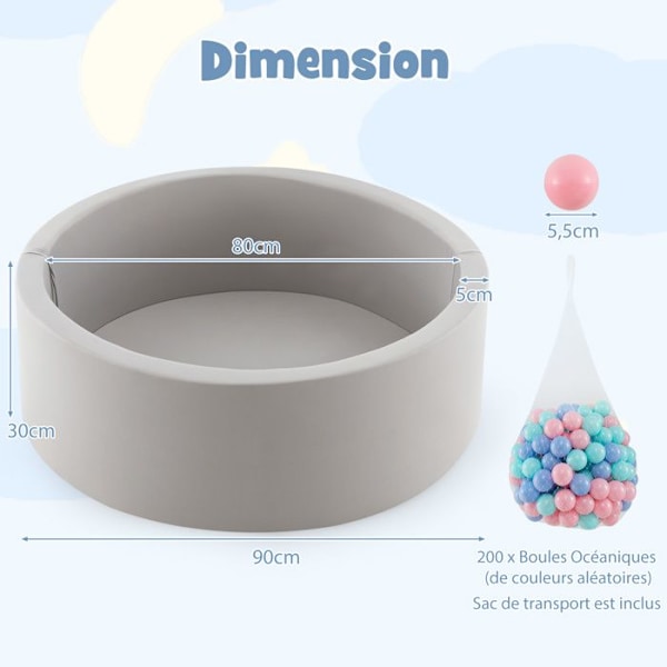 COSTWAY Foam Ball Pool 90 x 30 CM med 200 Ocean Balls opbevaringstaske til babybørn i alderen 1-6