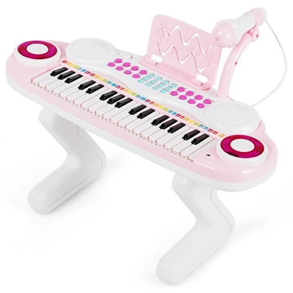 COSTWAY Bärbar 37 tangenter barnklaviatur Piano - Rhythm Light - Mikrofon - Avtagbara fötter - 8 pedagogiska rytmer - Rosa