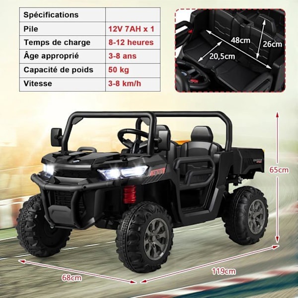 COSTWAY 2-sits barnelbil 12V, 2 motorer med 2,4 G fjärrkontroll, 3-8 km/h last 50 kg, 3-8 år, svart Svart