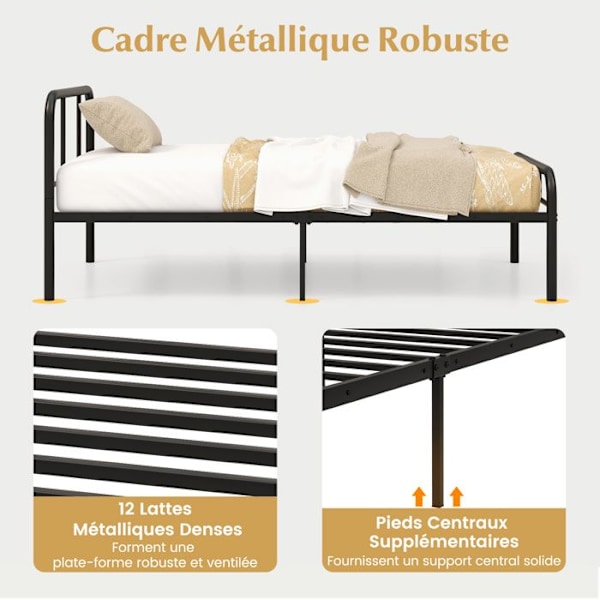 COSTWAY Seng Simple 90 x 200 cm med Hovedgærde, Metal Latten, 30 cm Opbevaringsplads, Ingen Madras Nødvendig, Let Montering Svart