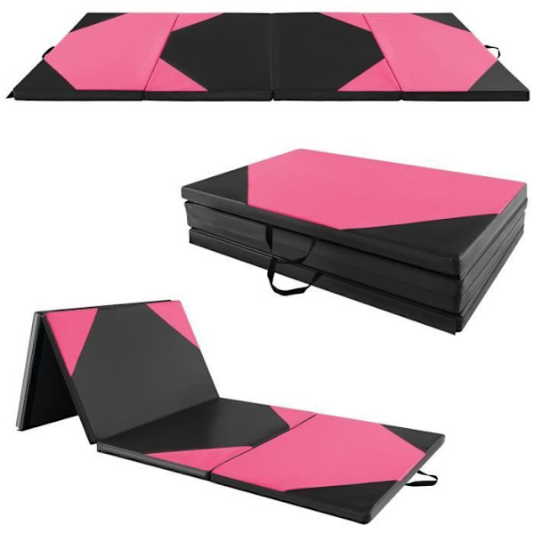 COSTWAY kokoontaittuva voimistelumatto-300 x 117 x 5 cm-4-kerroksinen vaahtomuovi ja PU-kahvoilla Koukku- ja silmukkakiinnikkeet-vaaleanpunainen+musta Rosa+svart