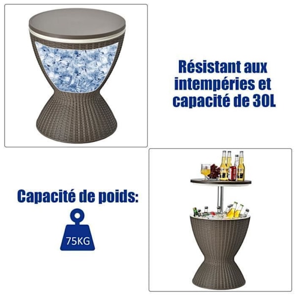 COSTWAY Cool Bar 30L Sofabord 2 i 1 med Hævebord Ø 43 x 57,5-82H cm Rattan-look til Fester Terrasser Haver Brun