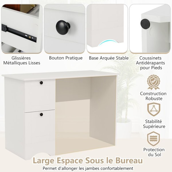 COSTWAY computerbord med 2 opbevaringsskuffer, 109 x 50 x 75 cm, enkelt og moderne, hvid