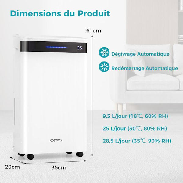 Støjsvag Mobil Affugter 28,5L/Dag COSTWAY-til 35 M²-4 Tilstande-3 Farver Indikator-24H Timer-Automatisk/Manuel Afløb