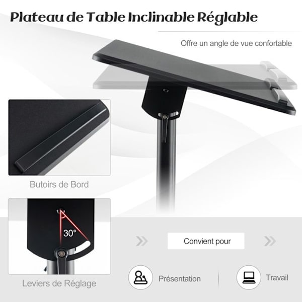 COSTWAY Litet rullande stående skrivbord för bärbar dator, justerbar höjd 104,5-128,5 cm, tippbar topp, svart för klassrummet