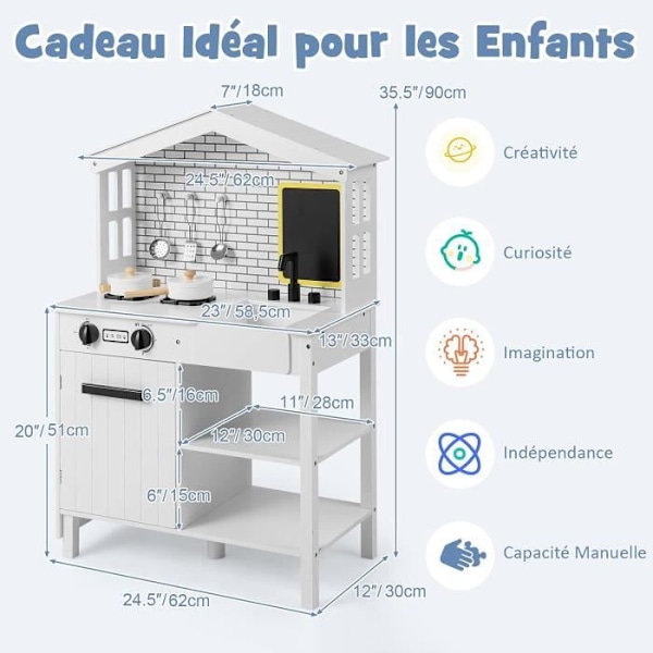 COSTWAY barnkök med tavla, vackra fönster, förvaringsutrymme, rika tillbehör, present till barn 3 år+ Vit