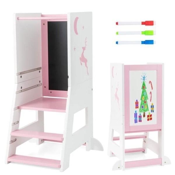 COSTWAY Trä Montessori Learning Tower-Kök Pall-Bräde-3 vattenbaserade pennor-Walk, Justerbar höjd-Rosa