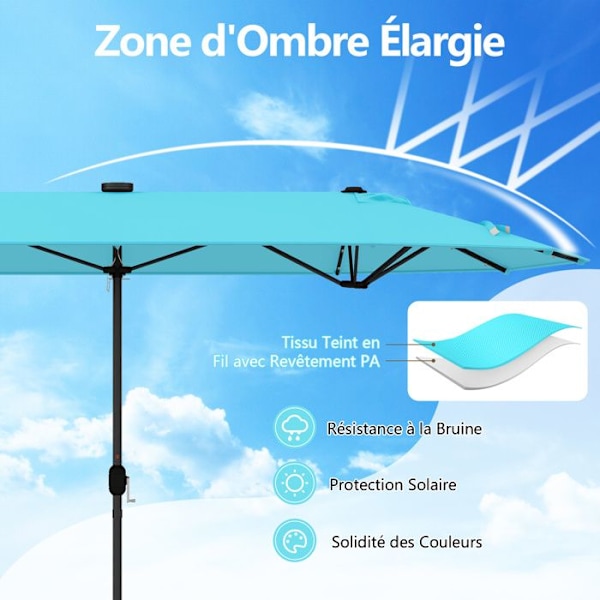 Parasol Double til Have XXL 400 x 200 x 240 cm - COSTWAY - 36 LED-lys - Base inkluderet - 12 Spidser - Rektangulær Grøn