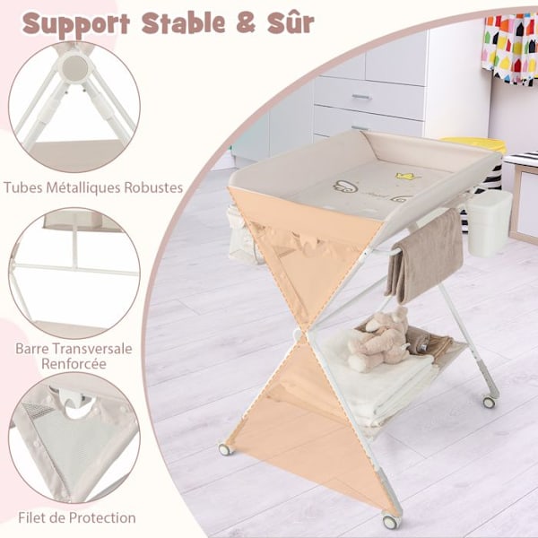 COSTWAY Skötbord-hopfällbart-justerbar höjd 3 nivåer-avfallskärl-förvaringskorg-hylla-låsbart hjul-beige