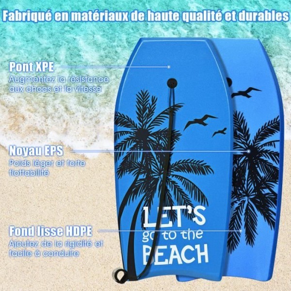 COSTWAY 41"" XPE Bodyboard Surfbräda med 90 CM rem - i över 14 år Last 85KG 105x51x6CM Blue Coconut Tree Print Blå