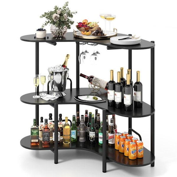 Barbord med 3 niveauer - COSTWAY - Glasholdere - Industrielle opbevaringshylder - Metalramme, sort